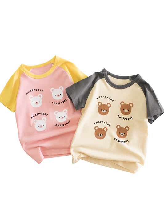 Summer Teddy Bear Cartoon Print Color Patchwork Girls’ T-Shirt In European And American Style-0