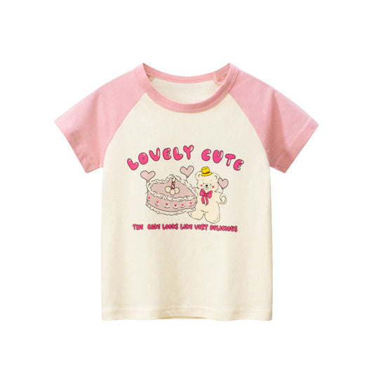 Baby Girl Lovely Cake Bear Print Color Matching Sleeves Design Summer T-Shirt-0
