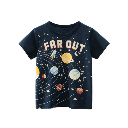 Baby Boy Planet Print Short-Sleeved Soft T-Shirt In Summer Outfit Wearing-0