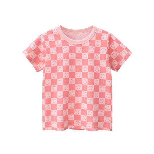 Baby Girl Plaid Pattern Smiley Print O-Neck T-Shirt In Summer-0