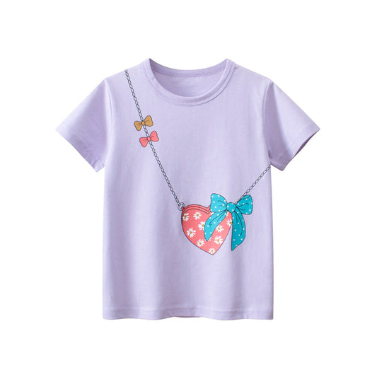 Baby Girl Solid Purple Print Pattern Crewneck Cotton T-Shirt-0