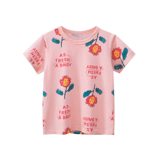 Baby Girl Floral Print Short-Sleeved Cotton Tops & T-Shirts-0