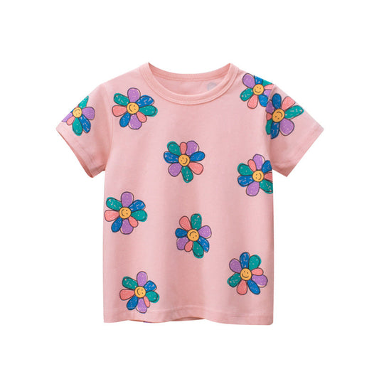Baby Girl Sunflower Print Short Sleeved Lovely T-Shirt In Summer Outfit-0