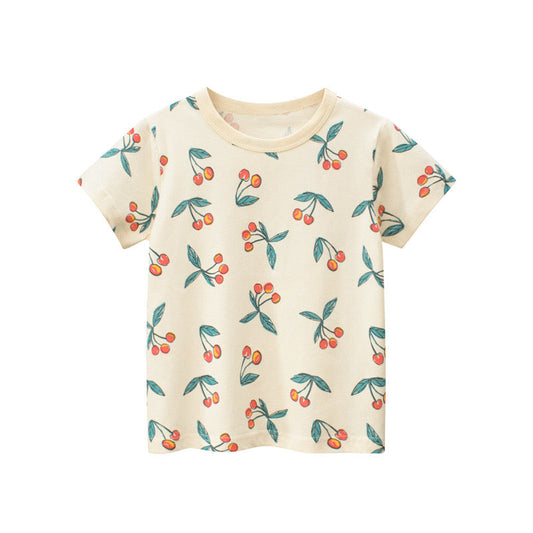Baby Girl Fruit Cherry Print Short Sleeved T-Shirt In Summer-0