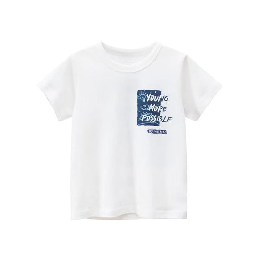 Baby Boy Letter Print Round Neck Short Sleeve Cotton Design Section Children’s Tops In Summer-0