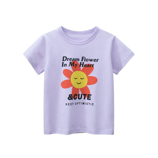Baby Girl Floral Print Short-Sleeved Round Collar T-Shirt In Summer-0