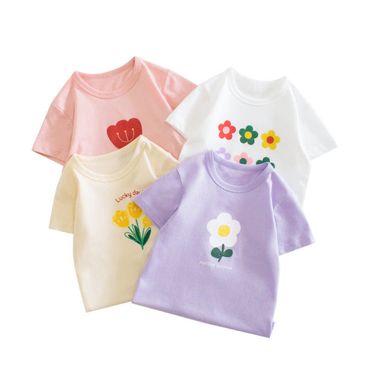 Baby Girl Floral Print Solid Color O-Neck Short Sleeved T-Shirt-0